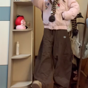 Retro Coffee-Colored Work Pants for Women - Loose Fit, Wide-Leg, Floor-Length Casual Trousers, American-Style, 90s Inspired