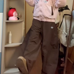 Retro Coffee-Colored Work Pants for Women - Loose Fit, Wide-Leg, Floor-Length Casual Trousers, American-Style, 90s Inspired