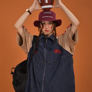 Retro Color Block Embroidered Short Sleeve Shirt - Suede Velvet Summer Loose Fit with Double Stripe - Trendy 90s Style