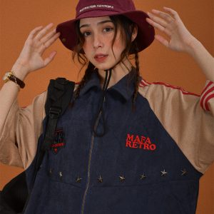 Retro Color Block Embroidered Short Sleeve Shirt - Suede Velvet Summer Loose Fit with Double Stripe - Trendy 90s Style