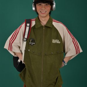 Retro Color Block Embroidered Short Sleeve Shirt - Suede Velvet Summer Loose Fit with Double Stripe - Trendy 90s Style