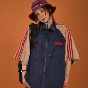 Retro Color Block Embroidered Short Sleeve Shirt - Suede Velvet Summer Loose Fit with Double Stripe - Trendy Y2K Style