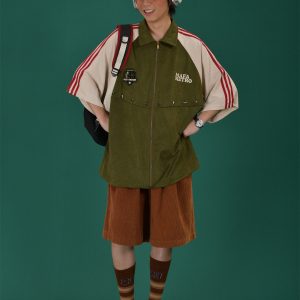 Retro Color Block Embroidered Short Sleeve Shirt - Suede Velvet Summer Loose Fit with Double Stripe - Trendy Y2K Style