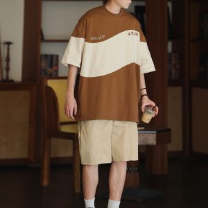 Retro Color-Blocked Japanese T-Shirt for Men - Short Sleeve Casual Minimalist Summer Trend