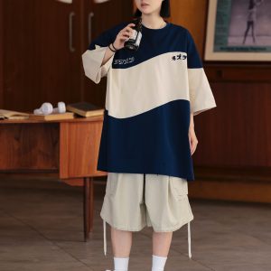 Retro Color-Blocked Japanese T-Shirt for Men - Short Sleeve Casual Minimalist Summer Trend