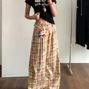 Retro Color-Blocked Plaid Wide-Leg Work Pants for Women - Loose Fit Casual Summer 2025 Floor-Length Trousers