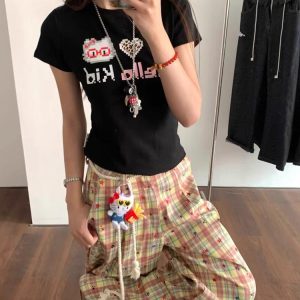 Retro Color-Blocked Plaid Wide-Leg Work Pants for Women - Loose Fit Casual Summer 2025 Floor-Length Trousers