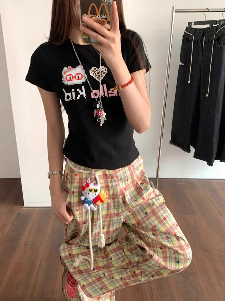 Retro Color-Blocked Plaid Wide-Leg Work Pants for Women - Loose Fit Casual Summer 2025 Floor-Length Trousers Retro Color-Blocked Plaid Wide-Leg Work Pants for Women - Loose Fit Casual Summer 2025 Floor-Length Trousers