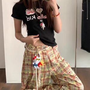 Retro Color-Blocked Plaid Wide-Leg Work Pants for Women - Loose Fit Casual Summer 2025 Floor-Length Trousers