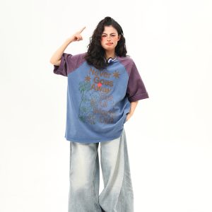 Retro Color-Blocking Letter Short-Sleeve T-Shirt for Women - Casual Summer Loose Fit Tee, Perfect for Y2K & 90s Style