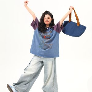 Retro Color-Blocking Letter Short-Sleeve T-Shirt for Women - Casual Summer Loose Fit Tee, Perfect for Y2K & 90s Style