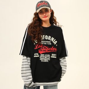 Retro Color-Blocking Loose-Fit Round Neck Long Sleeve T-Shirt for Women - Casual Spring Style, Two-Piece Look