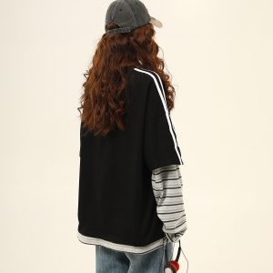 Retro Color-Blocking Loose-Fit Round Neck Long Sleeve T-Shirt for Women - Casual Spring Style, Two-Piece Look