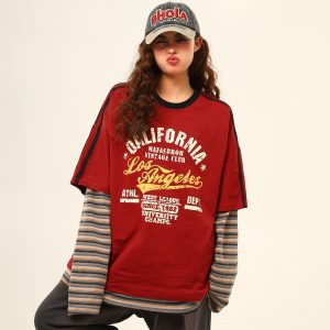 Retro Color-Blocking Loose-Fit Round Neck Long Sleeve T-Shirt for Women - Casual Spring Style, Two-Piece Look