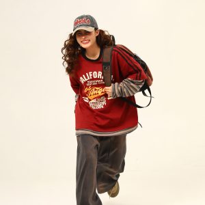 Retro Color-Blocking Loose-Fit Round Neck Long Sleeve T-Shirt for Women - Casual Spring Style, Two-Piece Look