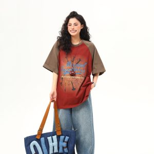 Retro Color-Blocking Raglan Short Sleeve T-Shirt for Women - American Style Summer Loose Tee