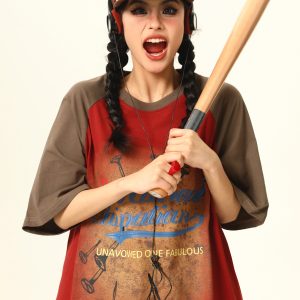 Retro Color-Blocking Raglan Short Sleeve T-Shirt for Women - American Style Summer Loose Tee