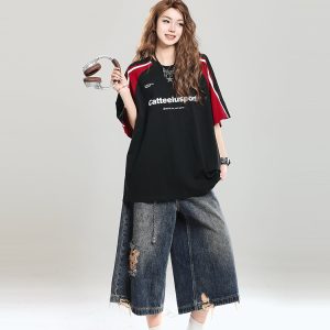 Retro Color-Blocking Raglan Short-Sleeve T-Shirt for Women - Summer Casual Oversized Top