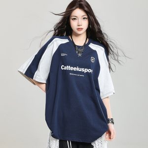 Retro Color-Blocking Raglan Short-Sleeve T-Shirt for Women - Summer Casual Oversized Top