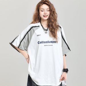 Retro Color-Blocking Raglan Short-Sleeve T-Shirt for Women - Summer Casual Oversized Top