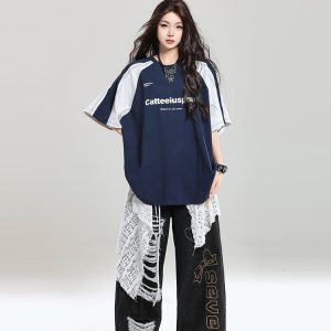 Retro Color-Blocking Raglan Short-Sleeve T-Shirt for Women - Summer Casual Oversized Top