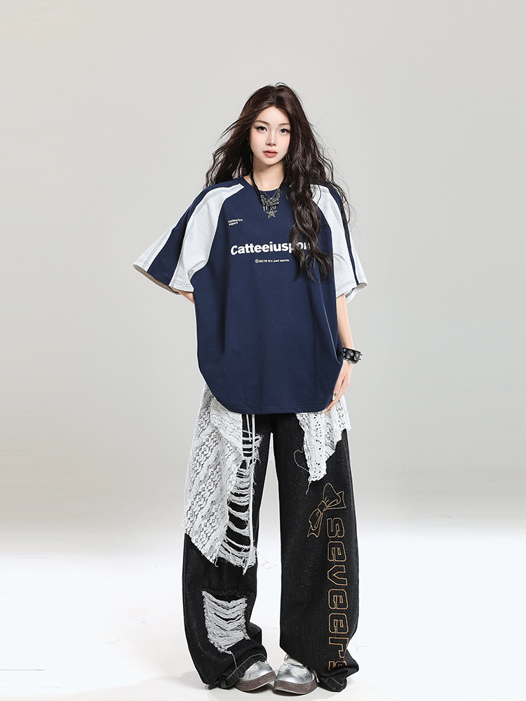 Retro Color-Blocking Raglan Short-Sleeve T-Shirt for Women - Summer Casual Oversized Top Retro Color-Blocking Raglan Short-Sleeve T-Shirt for Women - Summer Casual Oversized Top