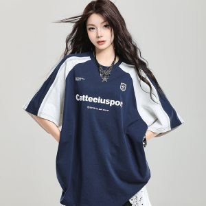 Retro Color-Blocking Raglan Short-Sleeve T-Shirt for Women - Summer Casual Oversized Top