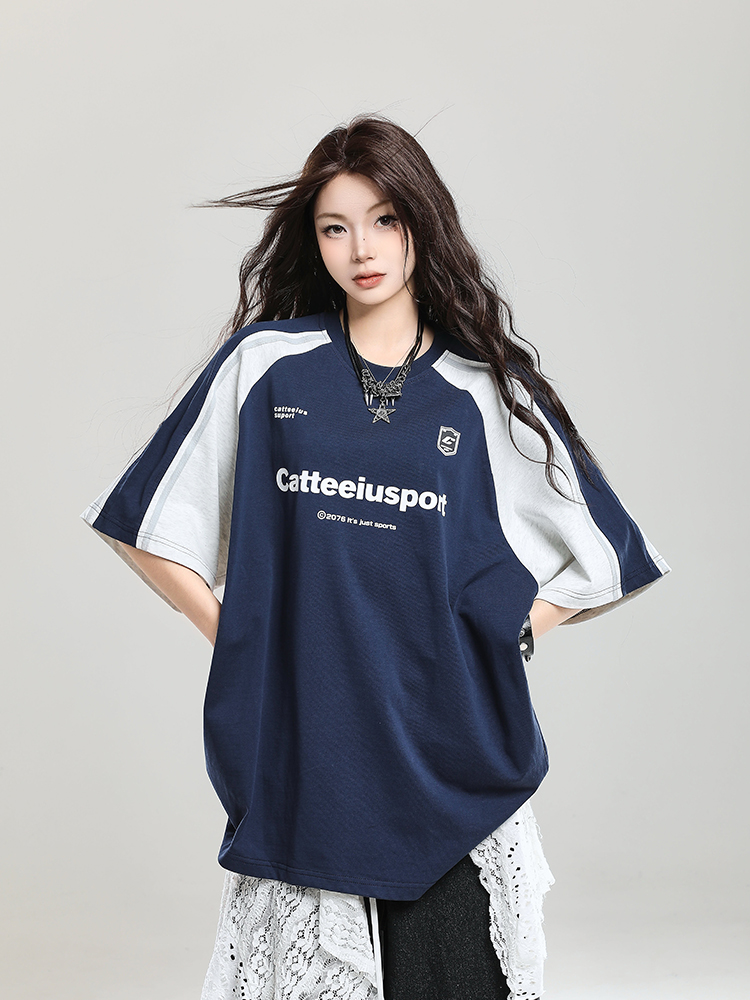 Retro Color-Blocking Raglan Short-Sleeve T-Shirt for Women - Summer Casual Oversized Top Retro Color-Blocking Raglan Short-Sleeve T-Shirt for Women - Summer Casual Oversized Top