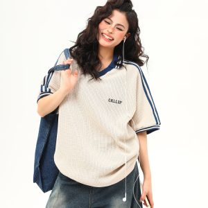 Retro Color-Blocking V-Neck Waffle Short Sleeve T-Shirt for Women, Versatile Couple's Top, Y2K Style