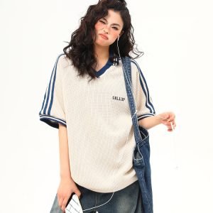 Retro Color-Blocking V-Neck Waffle Short Sleeve T-Shirt for Women, Versatile Couple's Top, Y2K Style