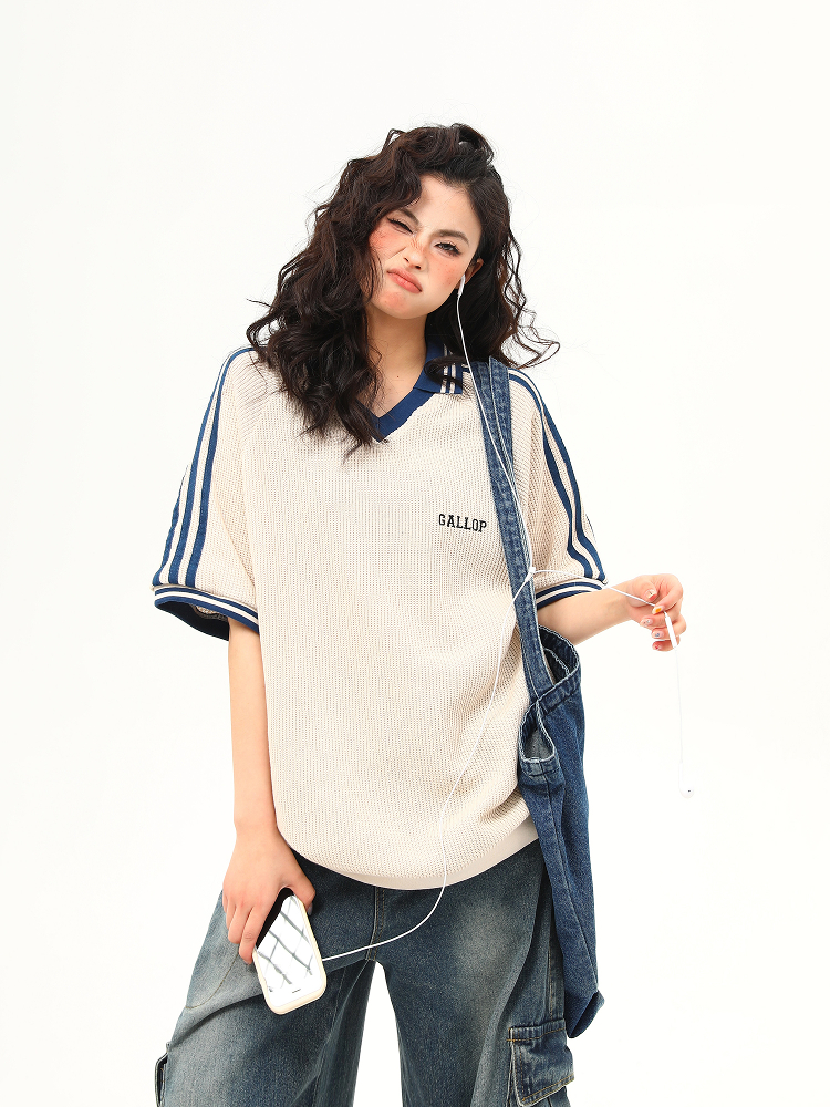 Retro Color-Blocking V-Neck Waffle Short Sleeve T-Shirt for Women, Versatile Couple's Top, Y2K Style Retro Color-Blocking V-Neck Waffle Short Sleeve T-Shirt for Women, Versatile Couple's Top, Y2K Style