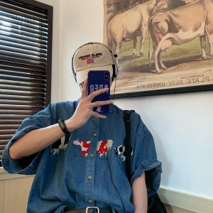 Retro Cow Embroidery Washed Denim Short Sleeve Shirt for Couples - 2025 Summer Streetwear, Vintage Style