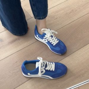 Retro Cowhide Color-Blocking Lace-Up Casual Sports Shoes for Women - Versatile Flat White Sneakers in Trendy Style