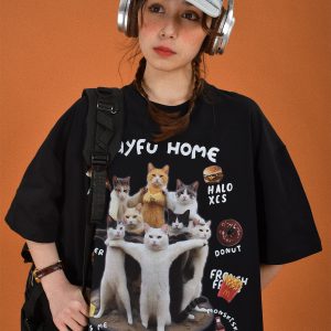 Retro Cute Cat Loose Short Sleeve T-Shirt for Women - 2024 Summer Cartoon Top in Y2K Style