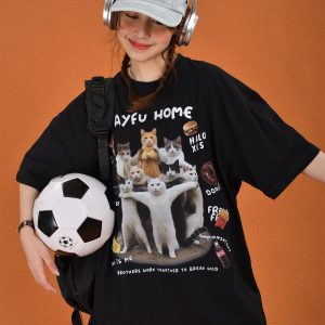 Retro Cute Cat Loose Short Sleeve T-Shirt for Women - 2024 Summer Cartoon Top in Y2K Style