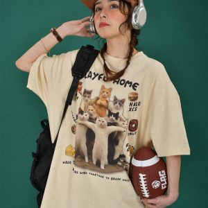 Retro Cute Cat Loose Short Sleeve T-Shirt for Women, Cartoon Graphic Tee, Summer 2024 Fashion, Y2K Style