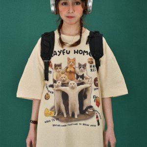 Retro Cute Cat Loose Short Sleeve T-Shirt for Women, Cartoon Graphic Tee, Summer 2024 Fashion, Y2K Style