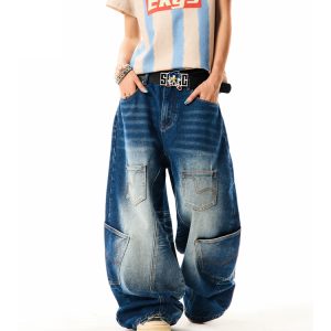 Retro Deconstructed Wide-Leg Denim Pants for Women - Three-Dimensional Silhouette, Multi-Pocket, Loose Fit, Y2K Style