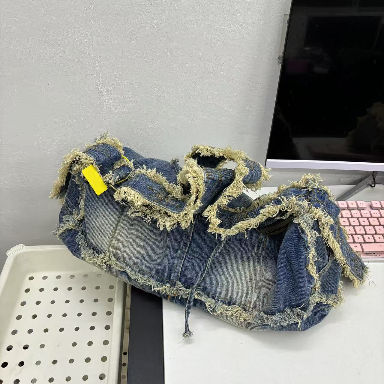 Retro Denim Shoulder Bag - Lazy Style Round Tube, Washed Frayed Tassel, Large Capacity Crossbody Canvas Bag for Commuting Retro Denim Shoulder Bag - Lazy Style Round Tube, Washed Frayed Tassel, Large Capacity Crossbody Canvas Bag for Commuting