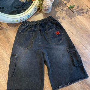 Retro Denim Work Capris with Cat Whiskers, Big Pockets, Embroidery, Wide-Leg Loose Fit Pants for Casual Y2K Style