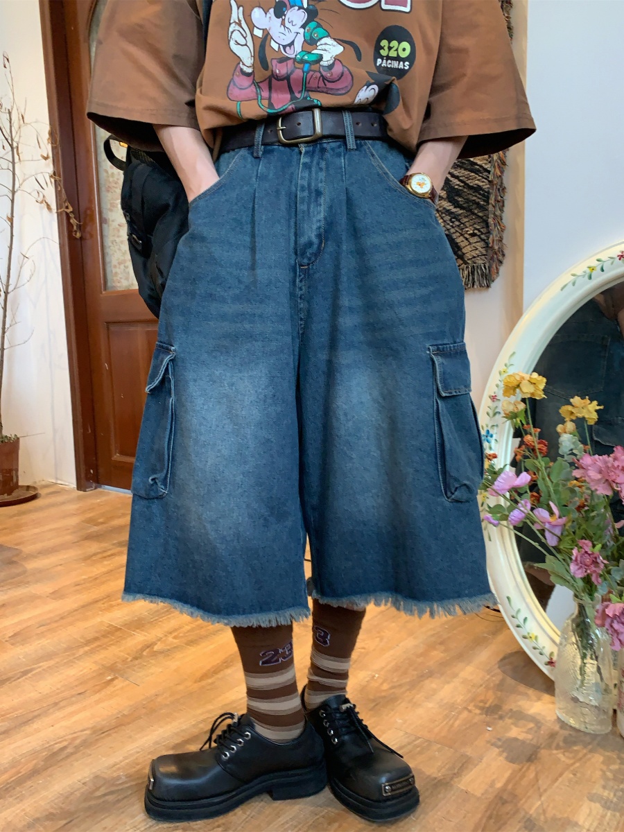 Retro Denim Work Capris with Cat Whiskers, Big Pockets, Embroidery, Wide-Leg Loose Fit Pants for Casual Y2K Style Retro Denim Work Capris with Cat Whiskers, Big Pockets, Embroidery, Wide-Leg Loose Fit Pants for Casual Y2K Style