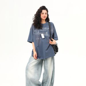 Retro Distressed Letter Short-Sleeve T-Shirt for Women – Summer Loose Fit Versatile Casual Top, Vintage American Style