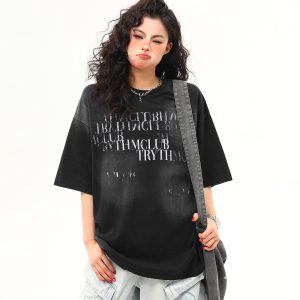 Retro Distressed Letter Short-Sleeve T-Shirt for Women – Summer Loose Fit Versatile Casual Top, Vintage American Style