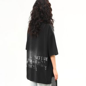 Retro Distressed Letter Short-Sleeve T-Shirt for Women – Summer Loose Fit Versatile Casual Top, Vintage American Style