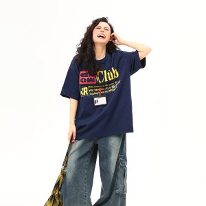 Retro Double Collar Letter Short-Sleeve T-Shirt for Men and Women, Pure Cotton Round Neck Couples Tee, Vintage American Style