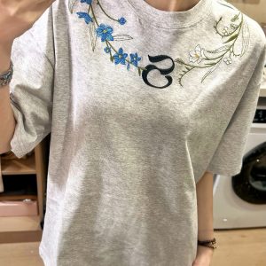 Retro Embroidered Floral Gray Short Sleeve T-Shirt for Women - Summer 2025 High-End Design, Trendy Y2K Style