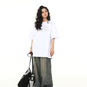 Retro Embroidered Letter Short-Sleeve T-Shirt for Men and Women, Oversized Couple Style, Vintage 90s American Fashion