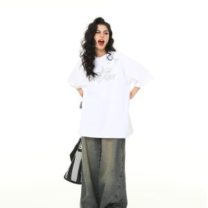 Retro Embroidered Letter Short-Sleeve T-Shirt for Men and Women, Oversized Couple Style, Vintage 90s American Fashion