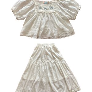 Retro Embroidered Square Neck Puff Sleeve Top and Women's Summer Ramie Half Skirt Set - Vintage Style Outfit