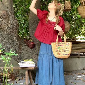 Retro Embroidered Square Neck Puff Sleeve Top and Women's Summer Ramie Half Skirt Set - Vintage Style Outfit